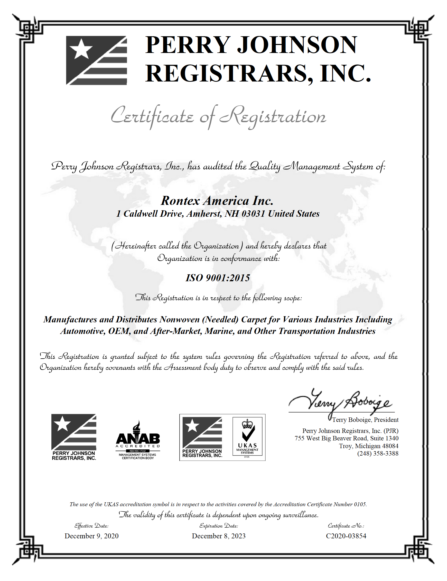 Jones Fiber Products ISO certificate 2022